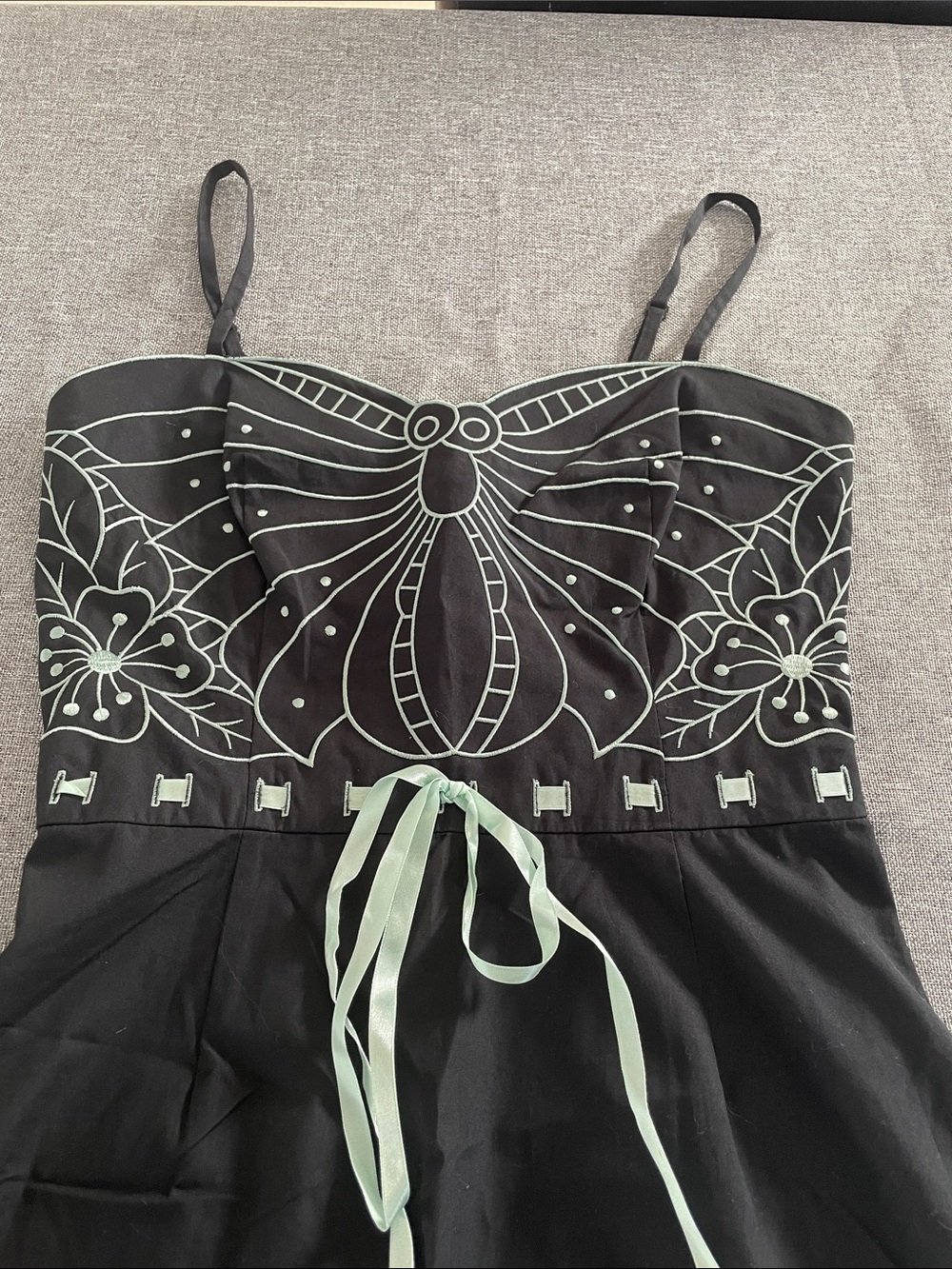 Betsey Johnson Black Mini Dress with Mint Embroidery - Picture 2 of 6